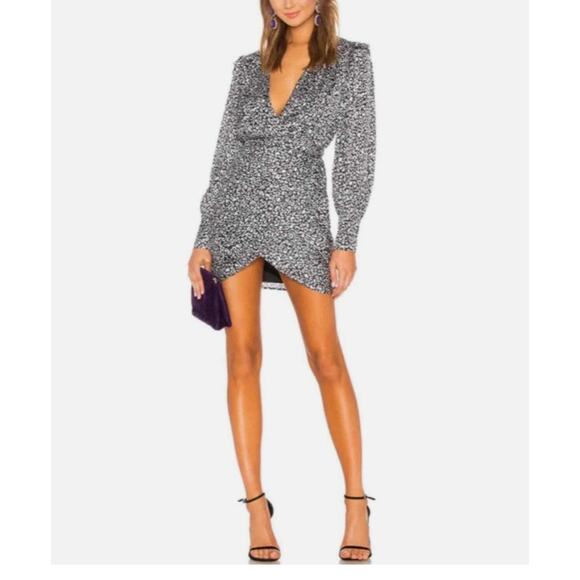 Revolve L'Academie Joyce Leopard Print Satin Long Sleeve Mini Dress NEW Small